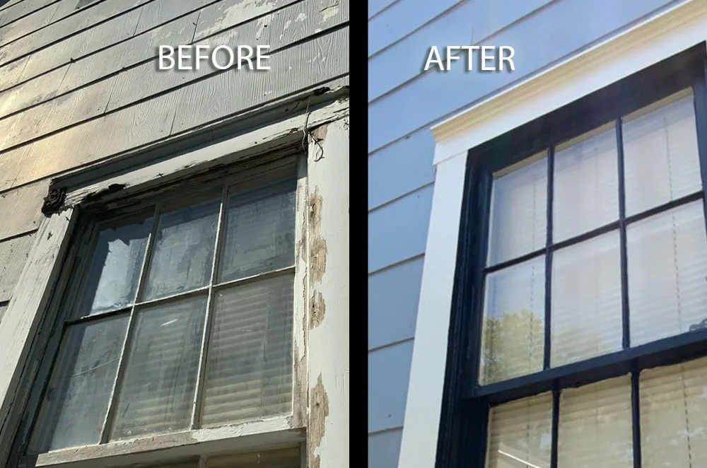 window repair and painting on wood sided house before and after