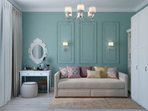 formal teal room with couch and vanity