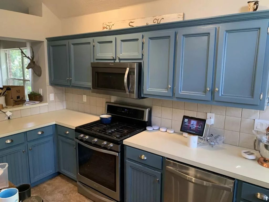 blue kitchen cabinets - after